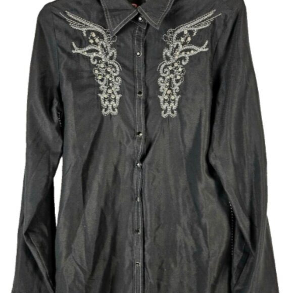 NEW Women's Buckle Black Long Sleeve Blouse Y2K Gem Stone Snaps Crystals Western - Picture 6 of 13